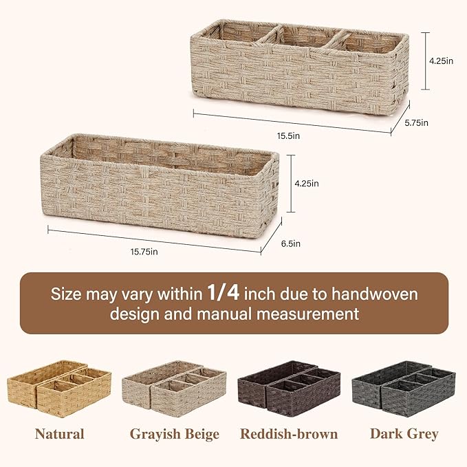 Bidtakay Long Narrow Wicker Baskets Toilet Paper Basket for Shelves 2-Pack Waterproof Imitation Small Wicker Storage Bins for Washroom Closet Boho Decor Baskets for Organizing Grayish Beige