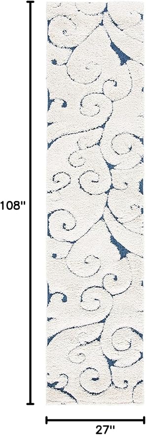 SAFAVIEH Florida Shag Collection Runner Rug - 2'3" x 9', Cream & Blue, Scroll Design, Non-Shedding & Easy to Clean, High-Low Plush Pile, Ideal for Bedroom, Foyer, Hallway (SG455-1165)