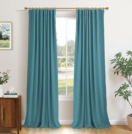 INOVADAY 100% Blackout Curtains for Bedroom, Black Out Curtains 96 Inch Long, Clip Rings Linen Blackout Drapes, Thermal Insulated Room Darkening for Living Room, 2 Panels - Teal,W50xL96