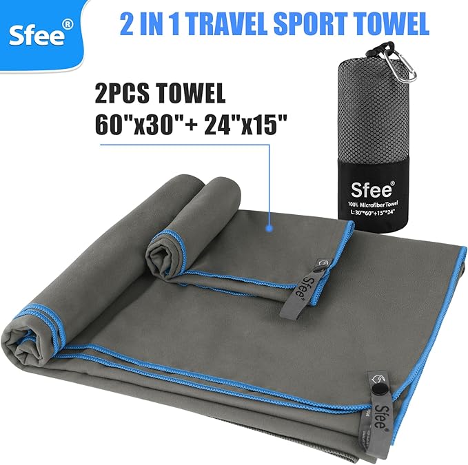 2 Pack Microfiber Travel Towel, Quick Dry Camping Towel Large Beach Towel Super Absorbent Compact Lightweight Sports Gym Towels for Yoga, Gym, Hiking, Pool, Backpacking, Bath