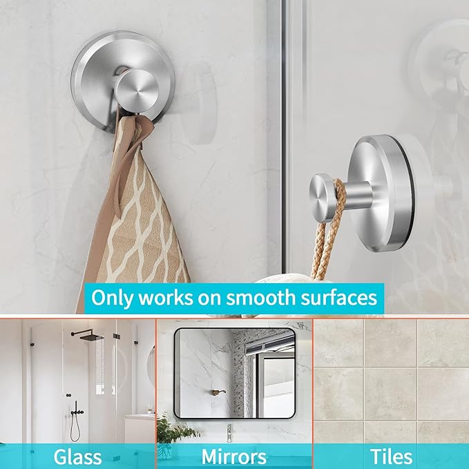 Suction Cup Hooks for Shower, Bathroom, Hanging Towels, Loofah, Mounting on Glass Shower, Tile, Rubber Suction Cup, Brushed Nickel, 2 Pack
