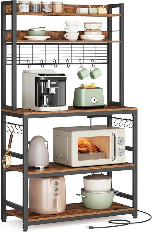 VASAGLE Bakers Rack with Power Outlet, Microwave Stand, Kitchen Tall Utility Storage Shelf, with Metal Wire Panel, 14 Hooks, 15.7 x 31.5 x 66.9 Inches, Rustic Brown and Ink Black UKKS025B01