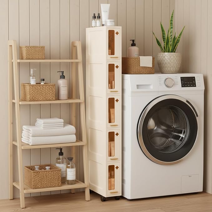 Weysat Narrow Bathroom Storage Cabinet with Wheels Slim Storage Organizer with Transparent Doors and Shelves for Small Space, Bathroom, Bedroom, Kitchen(5 Tiers)