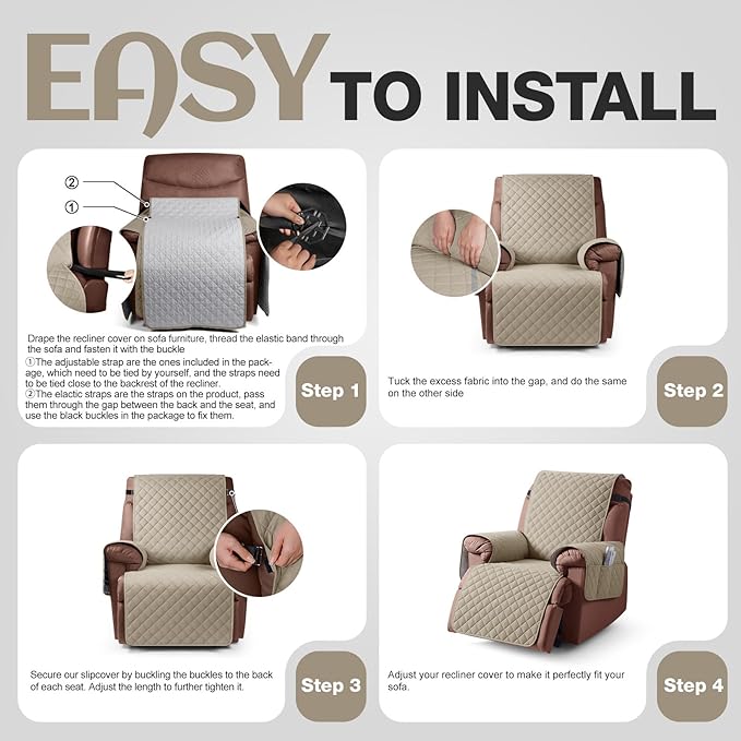 KinCam 100% Waterproof Recliner Chair Cover, Reclining Couch Covers for Pets, Dogs, Recliner Couch Slipcover Furniture Protector with Elastic Straps for Kids(28", Khaki)