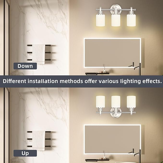 3-Light Bathroom Vanity Light Fixtures, Brushed Nickel Compact Wall Sconce with White Glass Shade for Mirror, Bathroom, Living Room, Modern Style, E26 Base, 15.75 Inch