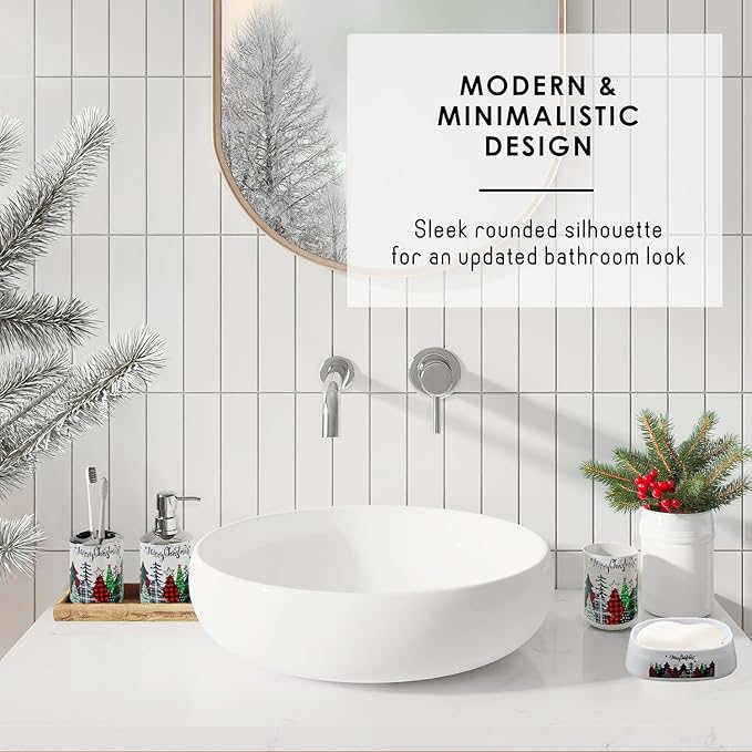 Clara Clark Bathroom Accessories Set - Christmas Bathroom Set with Adhesive Corner Shower Caddy Hanging, 24PC Bathroom Accessory Set, Christmas Shower Curtain Set with Toilet Brush and Trash Can