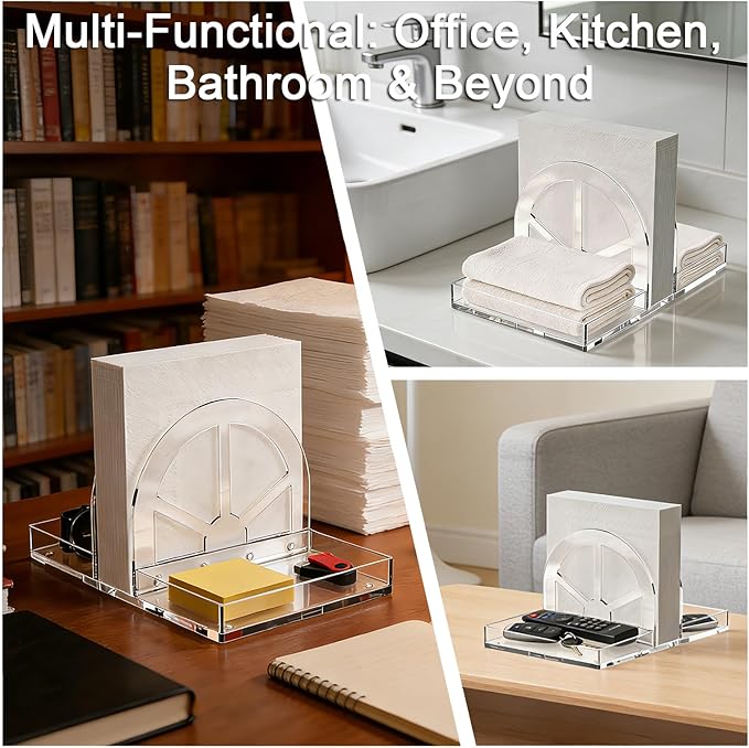 Acrylic Napkin Holder with Magnetic Assembly, Clear Space-Saving Napkin Dispenser & Salt Pepper Shakers Caddy, Modern Organizer for Kitchen Counter, Dining Table, Small Spaces, Office or Party（Large）