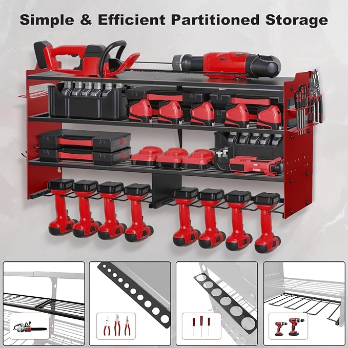 oviitech Power Tool Organizer Wall Mount, 8 Drill Holder Wall Mount Loads 400lbs, 4 Layer Heavy Duty Metal Power Tool Storage, Red, Utility Rack for Garage Workshop, Gifts for Men
