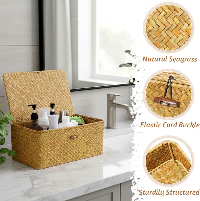 4 Set Wicker Storage Basket With Lid, 4 Size Handwoven Storage Bins Shelf Baskets Multipurpose Container for Home & Office Supplies