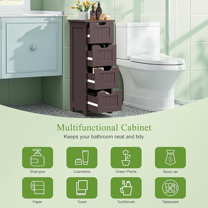 ZENY Bathroom Floor Storage Cabinet with 4 Drawers for Bedroom, Bathroom, Hallway, Narrow Toilet Paper Cabinet, Freestanding (Brown)
