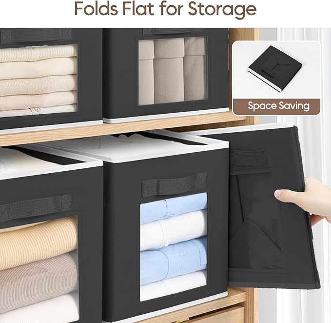 Foldable Storage Cubes - Cubby Storage Organizer with Window, Decorative Baskets for Organizing, 11 Inch Fabric Cube Shelf Bins, Set of 10, Black