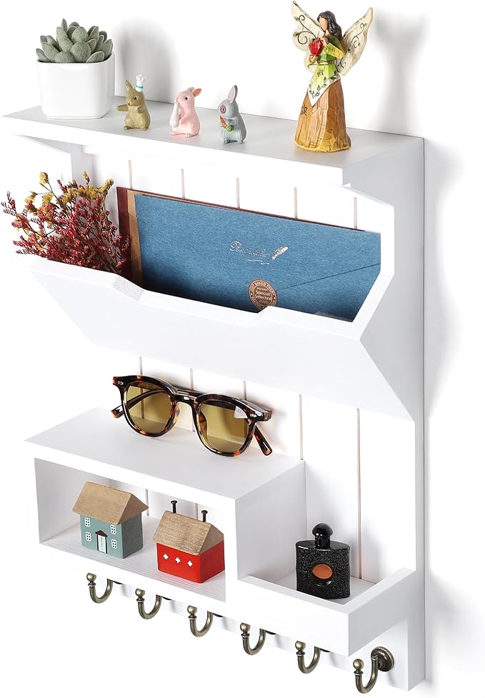 Key Holder for Wall, Mail Organizer Wall Mounted, Mail and Key Holder with 6 Key Hooks for Home Decor, Pine Wood White
