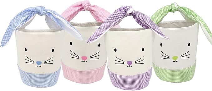 Easter Bunny Canvas Basket, Easter Egg Basket, Bunny Face, White with Gingham Pattern, 8x10 Inches, Foldable Tie Handle (Pink)