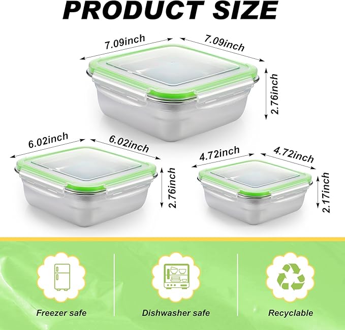 3 Pack Stainless Steel Sandwich Containers with Lids Multi Size Metal Food Container for Lunch Boxes with Airtight Silicone Seal for Sandwiches and Snacks (Green)