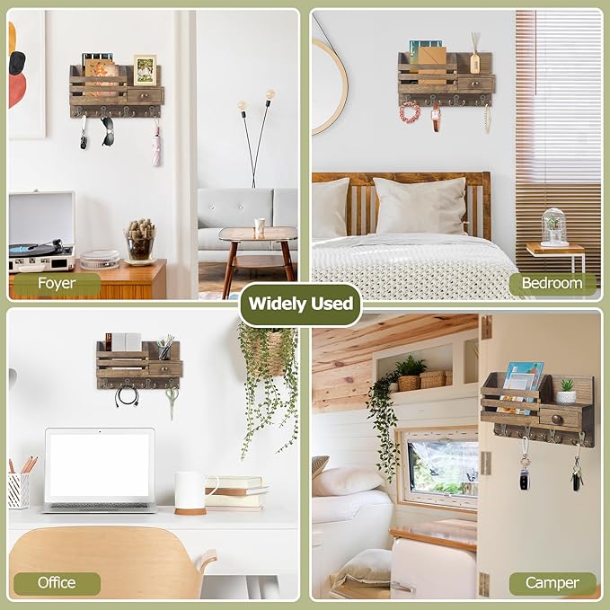 Key Holder Wall Mount, Wooden Adhesive Mail and Key Organizer with Drawer, Small Shelf, 8 Hooks, 2 Installation Methods, Brown