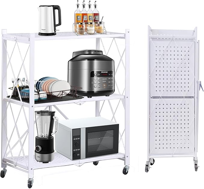 Folding Shelf Foldable Shelves with Wheels - Folding Shelves No Assembly, Collapsible Shelf Unit Display, Kitchen Organizers and Storage, Pop Up Heavy Duty Rack , 3-Tier White 28"D x 14"W x 34"H