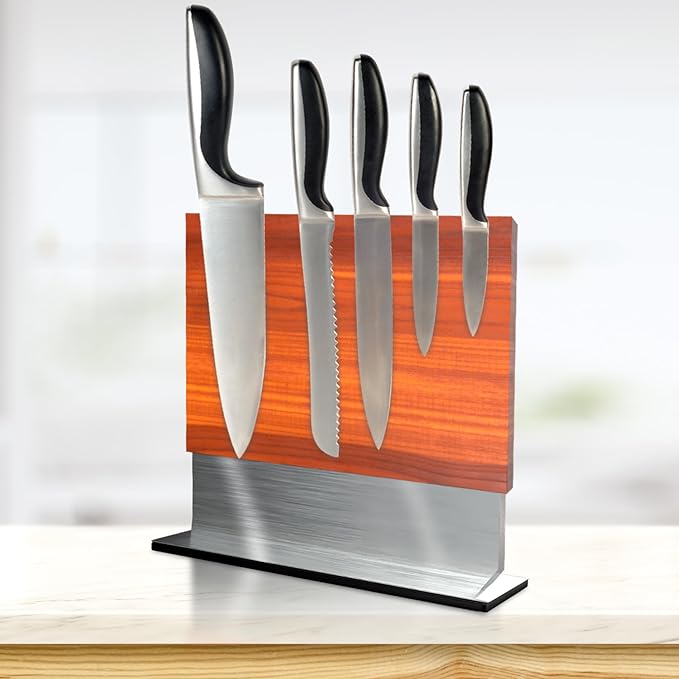 FOSSTA PRODUCTS Magnetic Knife Block – Acacia Wood Double-Sided Knife Holder with Steel Base & Strong Magnets, Modern Kitchen Knife Storage Stand (Knives Not Included)