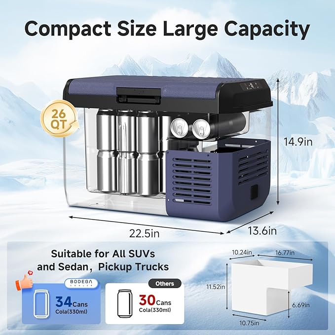 BODEGACOOLER 12 volt Car Refrigerator - 26QT(25L)Portable Freezer IPX4 Waterproof Car Fridge Ultra-Quiet Electric Cooler for Truck Van Camping Road Trips Travel 12/24V DC 110~240 Volt AC,-4℉~68℉