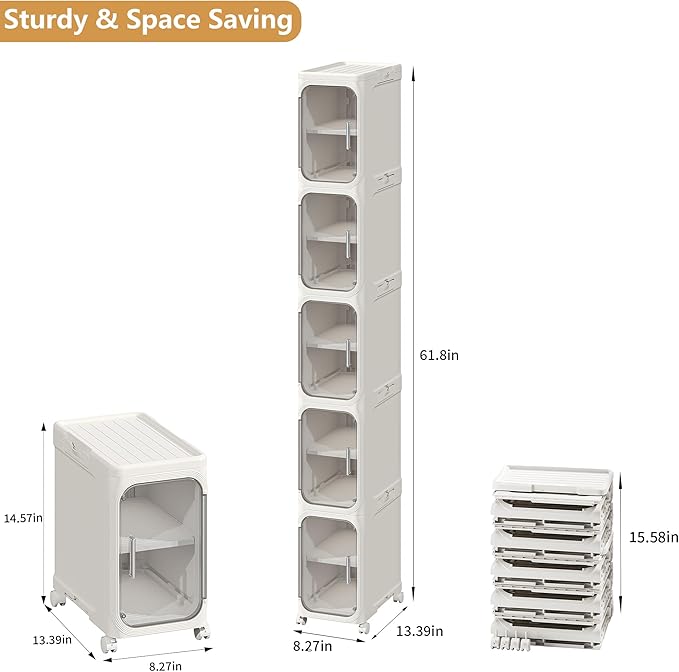 5-Tier Plastic Tall Narrow Storage Cabinet with Adjustable Shelves and Movable Wheels, Magnetic Doors, Slim Bathroom Storage Organizers for Small Space, Bathroom, Kitchen, White