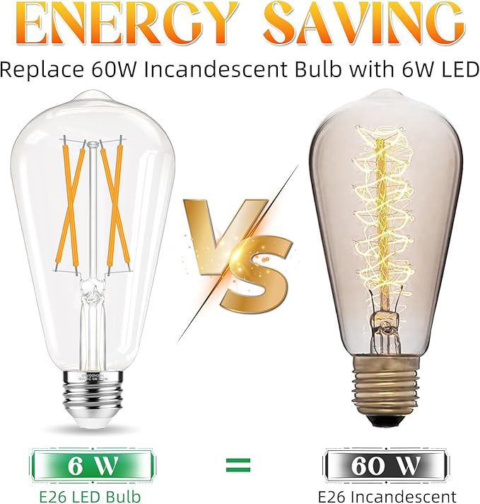 Edison Bulbs 60 watt LED Equivalent, Vintage Light Bulbs Non-Dimmable, 2700K Warm White, ST58 E26 LED Bulb, 90+ CRI, 6W 600LM, E26 Medium Base, Clear Glass, 12 Pack