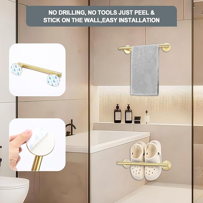 9 Inch #304 SUS Over The Door Towel Racks Wall Mounted,Self Adhesive Brushed Gold Bathroom Accessories, Small Bathroom Organizer & Dish Towel Holder&Shower Shoe Shelves