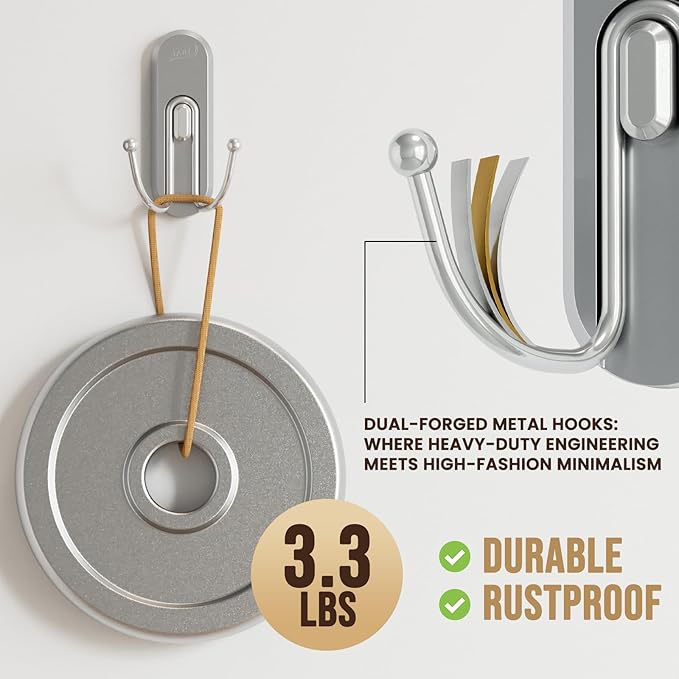 TAILI Adhesive Hooks for Hanging, 4 Coat Hooks & 6 Strips, Heavy Duty No-Drill Removable Large Wall Hanger for Towel, Backpack, Hat, Door,Kitchen Home Decor, Decorative Key Holder - Silver
