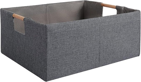 Fabric Storage Bin Box Foldable Cotton Linen Storage Basket with Wooden Handles Rectangular Cube Decorative Home Laundry Organizer Clothes Blanket Container – Gray, Large