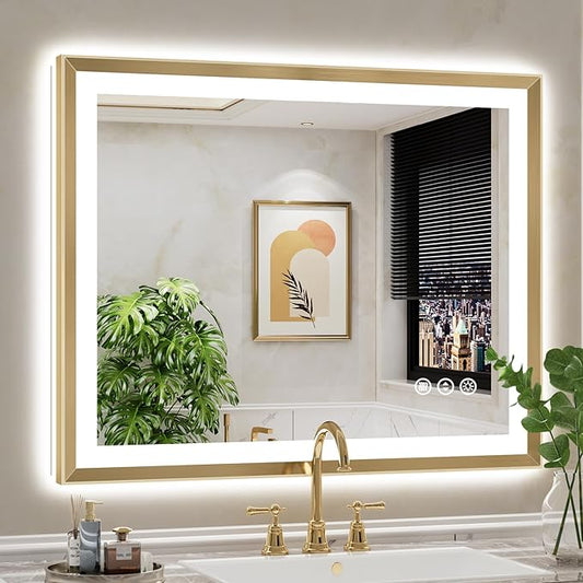 40x32 Gold Framed LED Bathroom Mirror with Lights, Backlit and Front Light, Lighted Bathroom Vanity Mirror for Wall Dimmable Anti-Fog Memory Tempered Glass Horizontal/Vertical