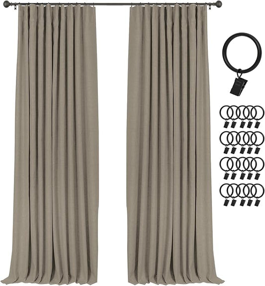 INOVADAY 100% Blackout Curtains for Bedroom, Black Out Curtains 90 Inch Long, Clip Rings Linen Blackout Drapes, Thermal Insulated Room Darkening for Living Room, 2 Panels - Fauxlinen,W50xL90