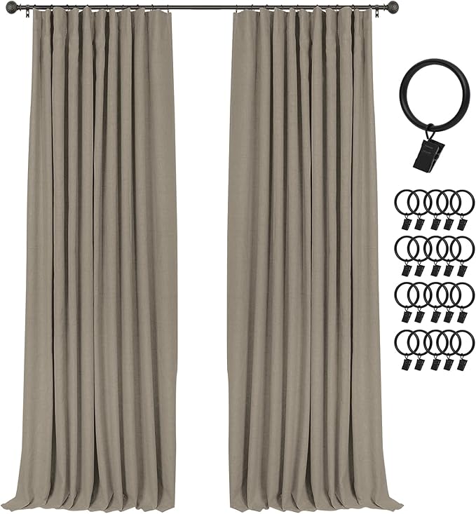 INOVADAY 100% Blackout Curtains for Bedroom, Black Out Curtains 84 Inch Long, Clip Rings Linen Blackout Drapes, Thermal Insulated Room Darkening for Living Room, 2 Panels - Fauxlinen,W50xL84