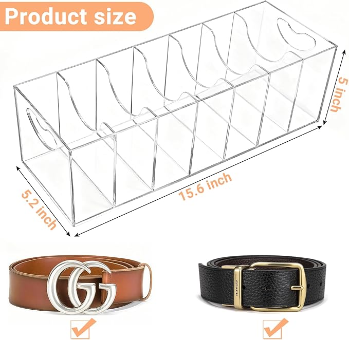 Belt Organizer, Acrylic Belt Racks, 7 Compartments Belt Container Storage Holder, Clear Belt Display Case for Closet Tie and Bow Tie