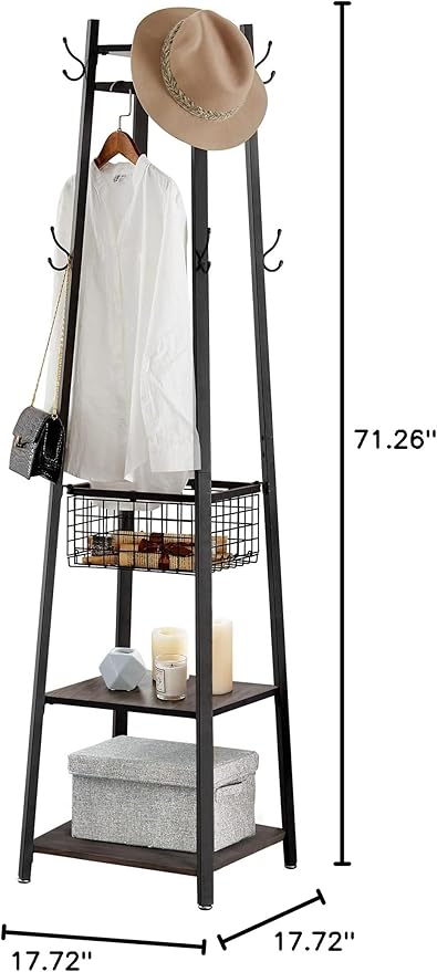 VECELO Coat Rack Freestanding,Hall Tree with Metal Basket and Storage Shelves,Industrial Coat Rack Stand with 8 Hooks for Hanging Coats/Hats/Bags/Umbrellas,18 x 18 x 72 In,Walnut Brown