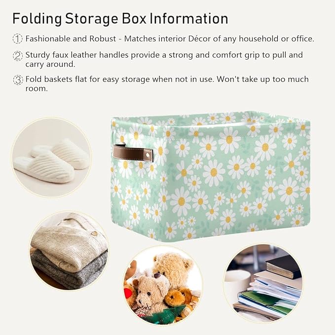 Daisy Flower Mint Green Rectangle Storage Basket Collapsible Storage Bin for Nursery Books Waterproof Baskets for Closet Shelves Bedroom Decor