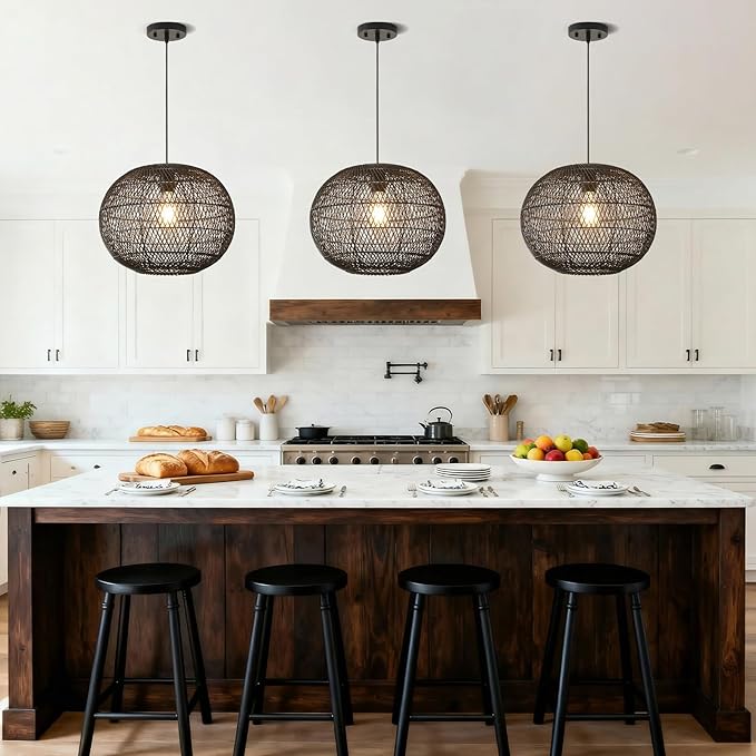 Black Rattan Pendant Light, 16in Globe Rattan Chandelier Boho Wicker Hanging Lighting Fixture Black Woven Chandelier for Dining Room Kitchen Island Living Room Bedroom Foyer Entrance
