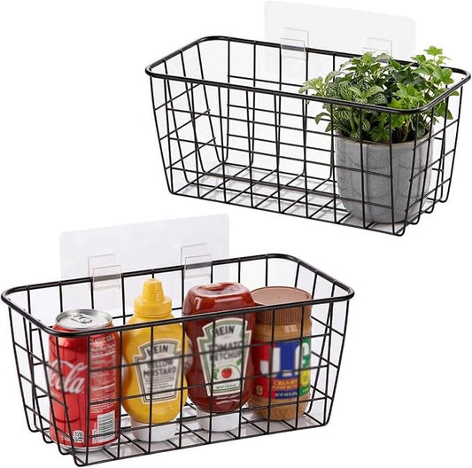 2 Set Adhesive Hanging Wall Basket Inside Cabinet Door Organizer,Wall Storage Basket-No Drilling Adhesive wall Basket for Cupboard Door,Space-Saving Small Hanging Baskets for Wall Mount Storage,Black