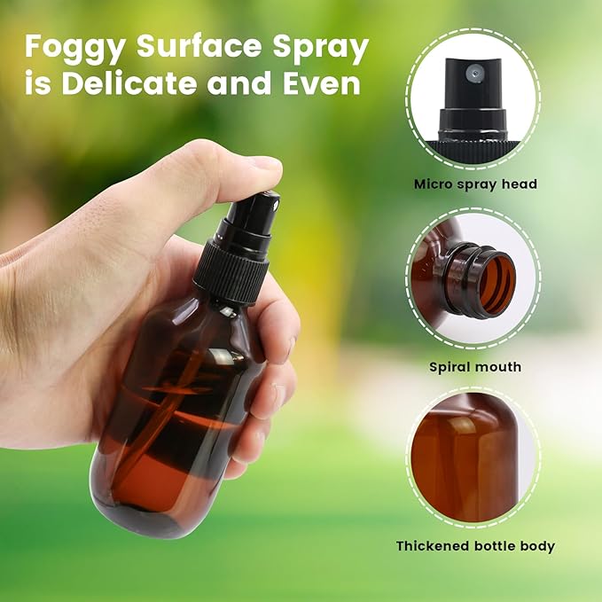 12 Pack 3.4oz Amber Spray Bottles, Small Fine Mist Mister Plastic Travel Bottles, Empty Bottles Set for Essential Oils Hair