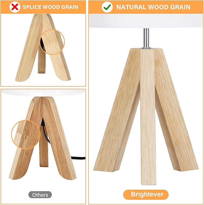Small Beside Table Lamp, Wood Tripod Table Lamp with White Fabric Shade, Cute Boho Nightstand Minimalist Desk Lamp for Bedroom Living Room Nursery Kids Room Office Dorm, Bulb Not Included