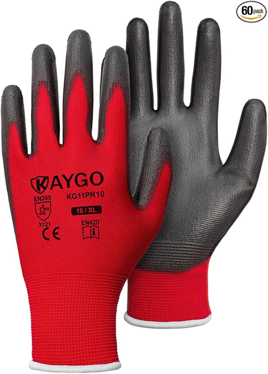 KAYGO Work Gloves for Men and Women, 60 Pairs Seamless Knit PU Coated Safety Gloves, with Smooth Grip on Palm and Fingers, Ideal for Light Warehouse, Manufacturing, Gardening, KG11P (XL, Red)