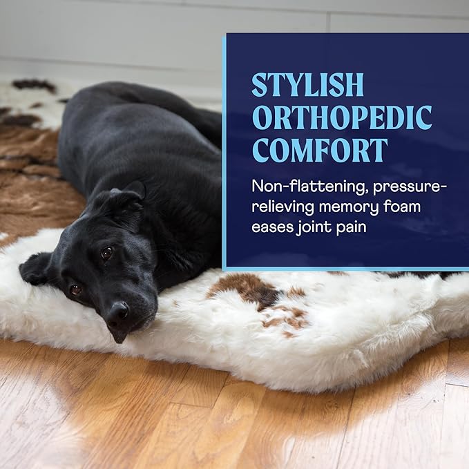 PupRug Orthopedic Dog Bed for Large Dogs with Fluffy Soft Faux Fur and Memory Foam for Joint Pain Relief, Machine Washable and Waterproof Couch Bed, Brown and White, Large/Extra Large