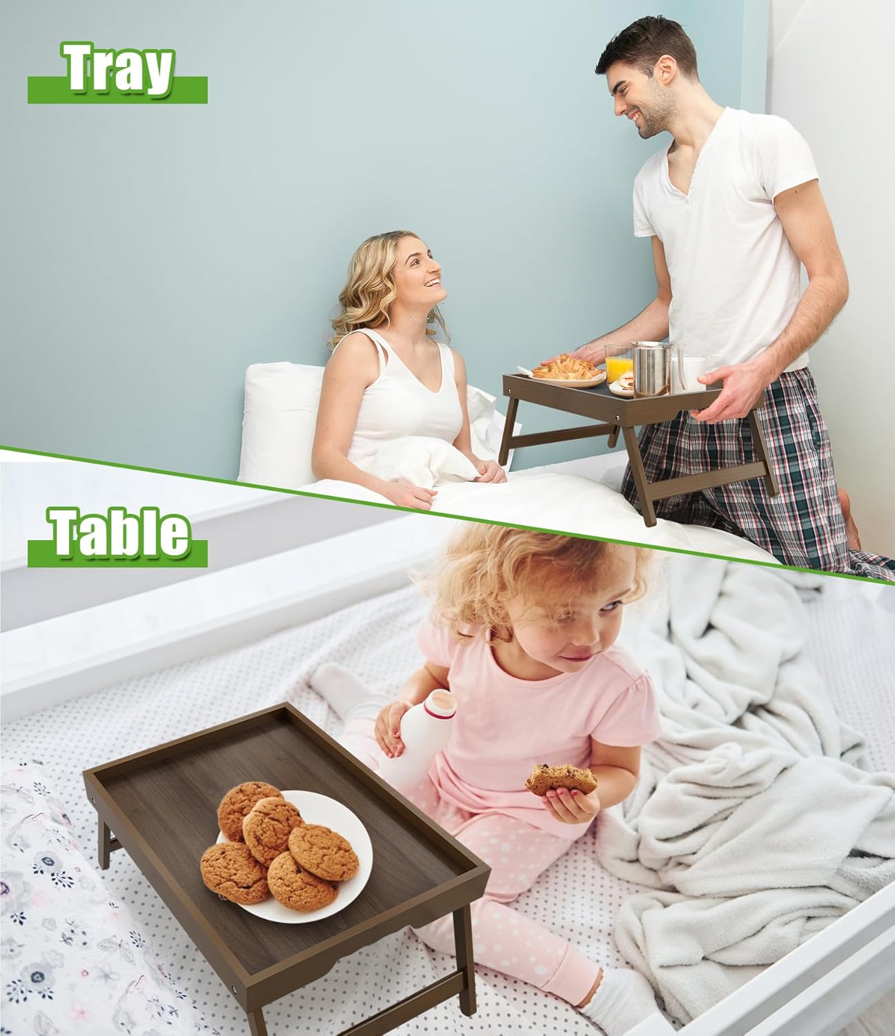 Bamboo Bed Tray Table with Folding Legs & Handles