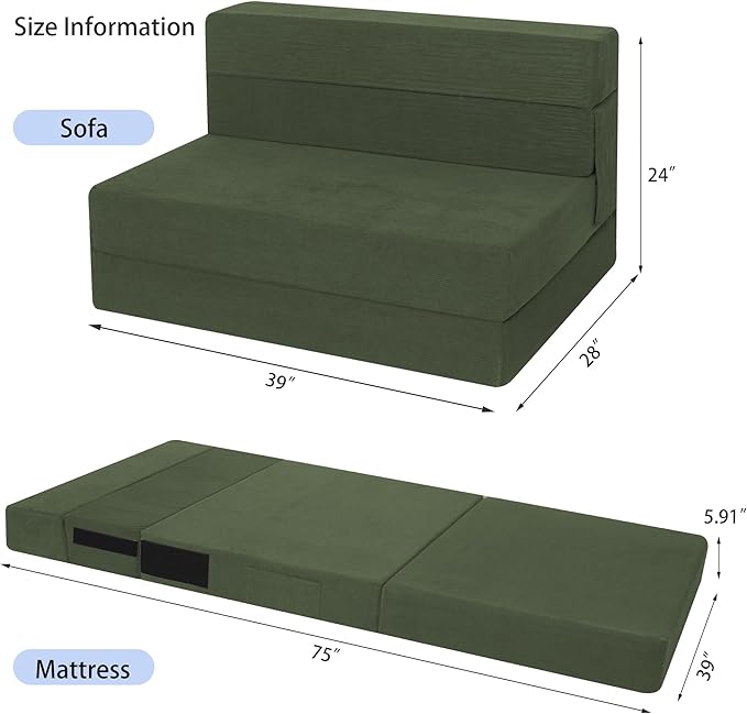 Sofa Bed Foldable Mattress ，Folding Sleeper Sofa Chair Bed Floor Mattress with Pillow for Living Room Home Office (Green-Corduroy, Twin)