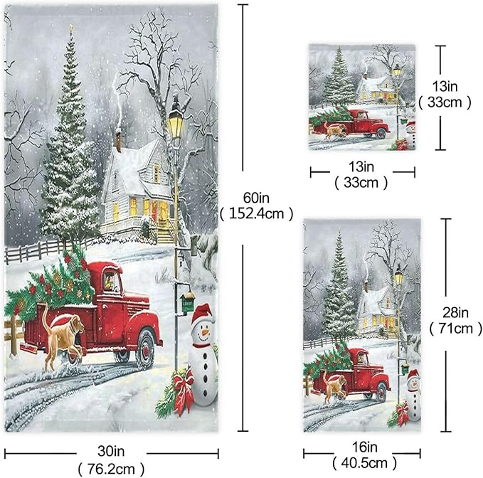 Red Xmas Tree Truck Winter Snowflake Dog Towels Set of 3 Christmas Winter Bathroom Towel Soft Absorbent Bath Hand Towels Washcloth Guest Towel Sets Merry Christmas Xmas Bathroom Decor Gifts