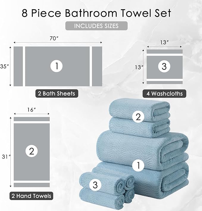8 Piece Bath Towel Set — 2 Oversized Large Bath Sheet,2 Hand Towels,4 Washcloths — Ultra Soft Bath Towel Set for Bathroom Hotel Gym Spa,Highly Absorbent Quick Dry Bathroom Towel Collections,Turquoise