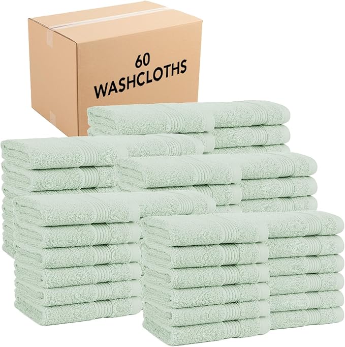 Arkwright Solid Bulk Washcloths, Case of 60, 100% Cotton 600 GSM Soft Absorbent Face and Body Wash Towels for Bathroom, Hotel Spa or Vacation Rental, 13 x 13 in, Eucalyptus Green