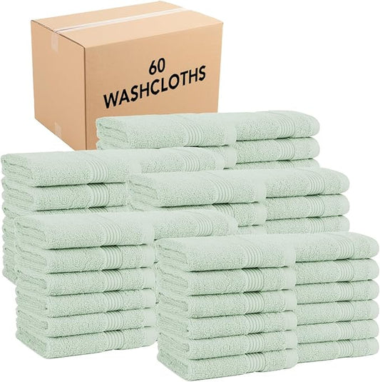 Arkwright Solid Bulk Washcloths, Case of 60, 100% Cotton 600 GSM Soft Absorbent Face and Body Wash Towels for Bathroom, Hotel Spa or Vacation Rental, 13 x 13 in, Eucalyptus Green