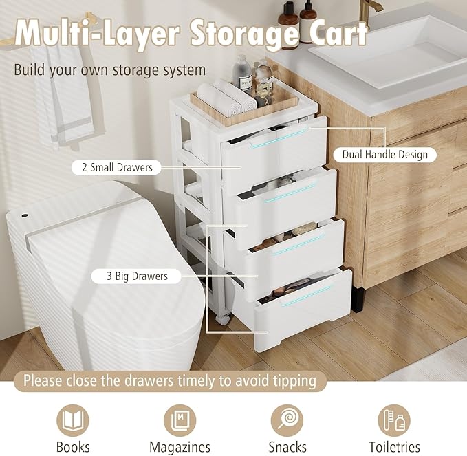 Plastic Storage Drawer Cart, Mobile Utility Cart, Home Craft Organizer with 5 Drawers & Lockable Wheels, Slim Rolling Storage Cart for Living Room, Bathroom, Dorm & Office (16”L x 13”W x 31”H)