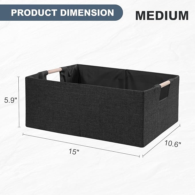 ANMINY 4PCS Storage Bins Set Large Foldable Cotton Linen Fabric Storage Baskets Box with Wood Handles Decorative Shelf Cube Clothes Towel Laundry Organizer Container - Medium, Black