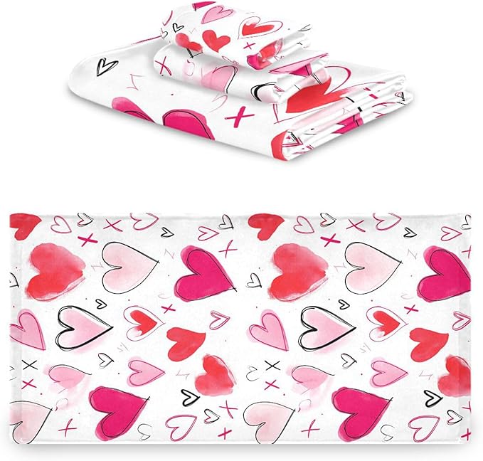Doodle Romantic Pink Heart Towels Set of 3 Romantic Pink Red Love Spring Bathroom Towel Soft Absorbent Bath Hand Towels Washcloth Guest Towel Sets Mother's Valentine's Day Decorations