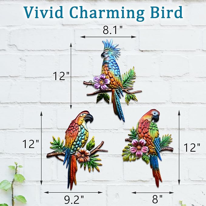 Voumsil 3 Pieces Parrot Metal Wall Art Decor Tropical Bird Hanging Outdoor Decor for Patio Balcony Garden Fence Art Living Bedroom Wall Sculpture Indoor Outdoor…
