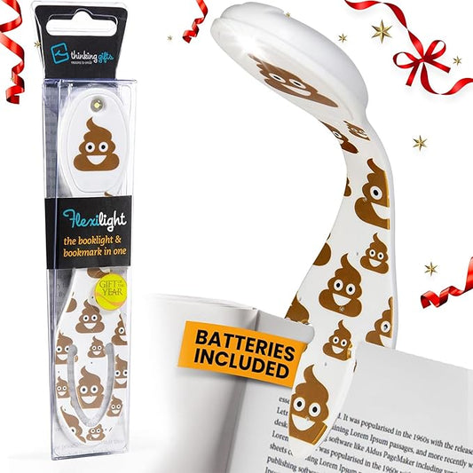 Gifts for Readers & Writers Book Light, Clip On Reading Light for Bed, 2in1 Flexilight & Bookmark, Small & Lightweight with a Soft Glow, 2 Batteries Included, Light Poo